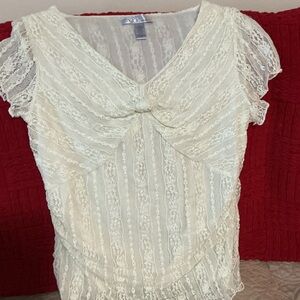9&Co by Nine West Lace Knot-Front Cap Sleeve Blouse in Cream Large NWOT